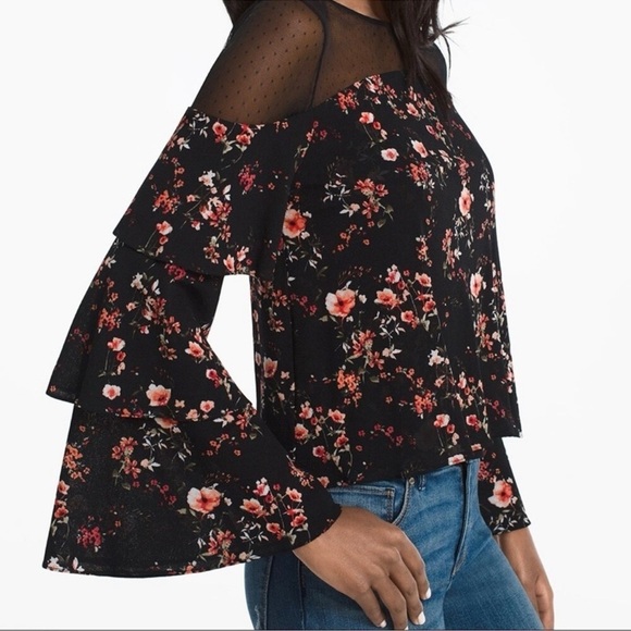 White House Black Market Floral Blouse w/ Mesh Shoulders & Tiered Sleeves Small - Picture 4 of 12